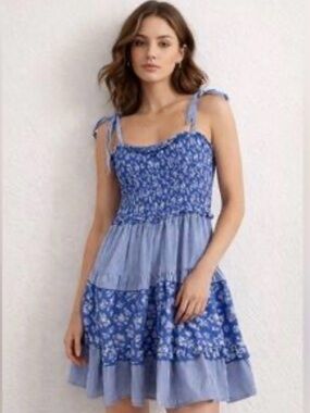 Francesca's Blue Floral Tiered Mini Dress Tie Shoulders